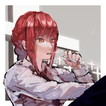 1girl absurdres chainsaw_man cigarette cross graveyard highres holding holding_cigarette kaichidai long_sleeves makima_(chainsaw_man) red_hair ringed_eyes shirt sidelocks smoke smoking solo white_shirt yellow_eyes