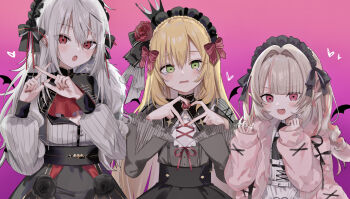 1boy 2girls :d :o blonde_hair blunt_bangs blush breasts commentary crossdressing crossdressing_(mtf) double-parted_bangs four-finger_heart_hands genderswap genderswap_(mtf) green_eyes grey_hair hair_between_eyes hands_up heart heart_hands highres jacket kuzuha_(nijisanji) long_hair long_sleeves looking_at_viewer loser_kings maid_headdress makaino_ririmu medium_breasts multicolored_hair multiple_girls nijisanji open_clothes open_jacket open_mouth pink_background pink_jacket pink_streaks pointy_ears red_eyes sanya_(nijisanji) shirt sidelocks simple_background sleeves_past_wrists smile streaked_hair tobun_sub trap untranslatable_commentary upper_body uzuki_kou virtual_youtuber white_shirt x_fingers