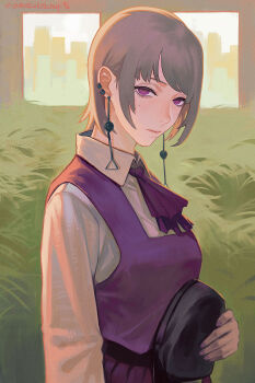 1girl chainsaw_man closed_mouth collared_shirt dress earrings fami_(chainsaw_man) fourth_east_high_school_uniform grey_hair hat highres holding holding_unworn_clothes holding_unworn_hat jewelry looking_at_viewer mole mole_under_eye mole_under_mouth pinafore_dress purple_dress purple_eyes ringed_eyes school_uniform shirt sleeveless sleeveless_dress solo tomatoketchup96 unworn_hat unworn_headwear white_shirt