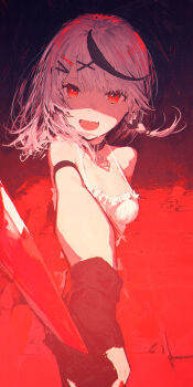 1girl :d absurdres bare_shoulders black_choker black_gloves black_hair breasts choker cleavage commentary_request dot_nose fang fingerless_gloves frills gloves grey_hair hair_ornament highres holding holding_weapon hololive large_breasts multicolored_hair open_mouth red_eyes sakamata_chloe sakamata_chloe_(1st_costume) shiloroshi skin_fang smile solo virtual_youtuber weapon x_hair_ornament