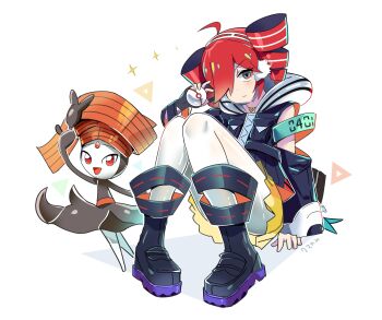 Rule 34 | absurdres, arm cutout, clothing cutout, drill hair, gen 5 pokemon, highres, holding, holding poke ball, hood, hooded vest, hoodie, kasane teto, legendary pokemon, meloetta, meloetta (pirouette), mp777b, mythical pokemon, nintendo, poke ball, pokemon, premier ball, project voltage, rival teto (project voltage), triangle necklace, twin drills, utau, vest, vocaloid