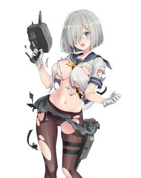 1girl adapted_turret black_pantyhose blue_eyes blush breasts burnt_clothes commentary_request gloves grey_hair hair_ornament hair_over_one_eye hairclip hamakaze_(kancolle) highres kantai_collection large_breasts looking_at_viewer navel neckerchief open_mouth panties panties_under_pantyhose pantyhose pleated_skirt sakana_(flame_sakana) school_uniform serafuku short_hair short_sleeves skirt solo torn_clothes torn_pantyhose torpedo_launcher torpedo_tubes underwear white_background white_gloves
