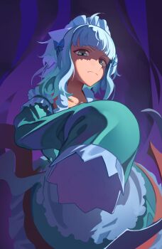 1girl absurdres ahoge blue_bow bow closed_mouth commentary densetsu.exe english_commentary green_eyes green_hair grey_hair hair_bow hechium highres maid_headdress medium_hair mint_fantome mint_fantome_(minto_2.0) sidelocks sleeves_past_fingers sleeves_past_wrists solo virtual_youtuber