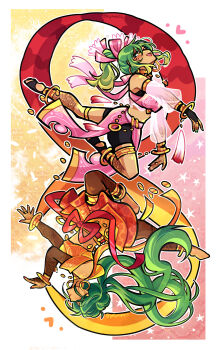 1girl absurdres anklet arabian_clothes barefoot bracelet breasts dancer detached_sleeves dual_persona earrings fire_emblem fire_emblem:_genealogy_of_the_holy_war green_eyes green_hair hair_ribbon harem_pants heart highres holding hoop_earrings jewelry lene_(fire_emblem) long_hair looking_at_viewer midriff necklace nintendo non-web_source pants ponytail ribbon see-through_clothes silvia_(fire_emblem) smile solo tongue tongue_out