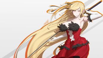 1girl absurdres arm_up armpits bare_shoulders black_ribbon blonde_hair breasts cleavage dress elbow_gloves feather-trimmed_dress feather-trimmed_gloves feather_trim frilled_dress frills gloves hair_ribbon highres kiss-shot_acerola-orion_heart-under-blade kizumonogatari kokorowatari large_breasts long_hair looking_at_viewer monogatari_(series) naoneesama orange_eyes oshino_shinobu pointy_ears red_dress ribbon simple_background smile solo strapless strapless_dress sword tettora vampire very_long_hair weapon white_background white_gloves