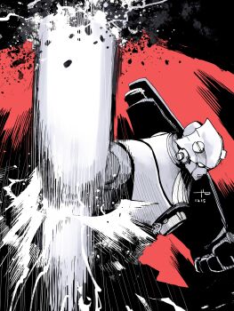 Rule 34 | absurdres, big o (mecha), clenched hand, crack, greyscale with colored background, highres, manabu yashiro, mecha, mecha focus, motion blur, motion lines, no humans, piston, red background, robot, signature, speed lines, the big o