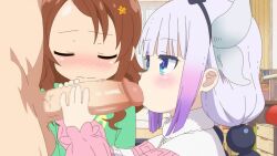 1boy 2girls animated beads blue_eyes blunt_bangs blush bow_hairband brown_hair censored clothed_female_nude_male clothed_sex dragon_girl dragon_horns dress erection fellatio flower from_side gradient_hair green_eyes hair_beads hair_flower hair_ornament hairband hairclip hetero horns indoors kanna_kamui kobayashi-san_chi_no_maidragon large_penis loli long_hair long_sleeves looking_at_another mosaic_censoring multicolored_hair multiple_girls netorare nude oral penis penis_grab purple_hair sadieyule saikawa_riko shirt testicles twintails video wavy_mouth