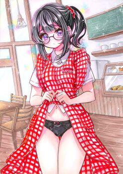 1girl black_hair black_panties blush bow bow_panties cafe chair clothes_lift commentary_request cup dress food glasses highres hoshinaruri0 indoors lamp mug navel original panties panty_peek ponytail purple_eyes red_dress skirt skirt_lift solo table underwear waitress window wooden_floor