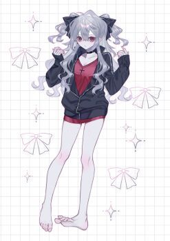 1girl barefoot black_choker black_jacket black_ribbon breasts choker cleavage collarbone cross cross_print ear_piercing fingernails full_body genderswap genderswap_(mtf) grid_background hair_between_eyes hair_ribbon hands_up highres jacket large_breasts long_fingernails long_hair long_sleeves looking_at_viewer mole mole_on_collarbone mole_under_eye nijisanji parted_lips partially_unzipped piercing pointy_ears polka_dot polka_dot_background q_m_6 red_eyes red_shirt ribbon sanya_(2nd_costume)_(kuzuha) sanya_(kuzuha) shirt sidelocks sleeves_past_wrists solo sparkle_background standing track_jacket two_side_up v-neck virtual_youtuber wavy_hair white_background white_hair