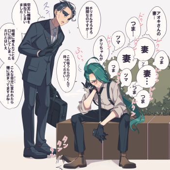 1boy 1girl afterimage aqua_hair black_hair blush cellphone cigarette commentary_request formal_clothes gloves highres larry_(pokemon) long_hair miri_(cherryjelly) multicolored_hair nintendo phone pokemon ponytail red_eyes rika_(pokemon) short_hair sitting smartphone streaked_hair suit suspenders tapping_foot translated two-tone_hair very_long_hair white_hair