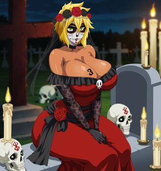 bare_shoulders bleach blonde_hair breast_tattoo breasts candle collarbone colored_eyelashes commentary dark-skinned_female dark_skin dia_de_muertos dress elbow_gloves english_commentary espada flower gloves graveyard green_eyes head_wreath highres large_breasts looking_at_viewer medium_hair number_tattoo parted_lips red_dress reilchi rose shiny_skin sitting skull tattoo tier_harribel tombstone