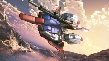 3d aeug artist_name beam_rifle cloud commentary_request dusk energy_gun english_text flying gundam highres lake machinery mecha mecha_focus mobile_suit mountainous_horizon no_humans realistic robot s.hasegawa science_fiction spacecraft starfighter sun water watermark wave_rider weapon zeta_gundam zeta_gundam_(mobile_suit) zeta_gundam_define