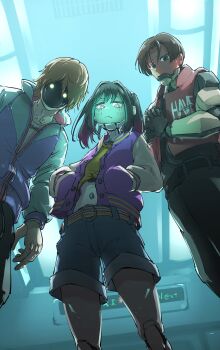 1girl 2boys absurdres belt black_hair blonde_hair brown_hair closed_mouth cyborg from_below glowing hands_in_pockets highres indoors jacket kurt_cramer kurusu_makina_(milky_galactic_universe) letterman_jacket looking_at_viewer max_mccalister mechanical_arms metal_jaw midriff milky_galactic_universe milky_subway multicolored_hair multiple_boys navel ninjin_ika no_mouth parted_bangs partially_unzipped red_hair shorts train_interior trait_connection twintails vest windbreaker