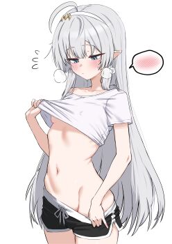 1girl absurdres ahoge black_shorts blue_eyes blush breasts closed_mouth clothes_lift clothes_pull collarbone covered_erect_nipples cowboy_shot crop_top dolphin_shorts drawstring female_tyrant_(stella_sora) hairband heavy_breathing highres lifting_own_clothes long_hair looking_down navel no_bra off_shoulder oldsickkim pointy_ears shirt shirt_lift short_shorts short_sleeves shorts shorts_pull simple_background small_breasts solo spoken_blush stella_sora stomach sweat tyrant_(stella_sora) very_long_hair white_background white_hair white_hairband white_shirt