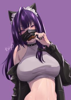 1girl animal_ears ankoh black_hair black_nails breasts cat_ears goddess_of_victory:_nikke highres jacket large_breasts long_hair looking_at_viewer maid_headdress mask mouth_mask pantyhose purple_eyes purple_hair sin_(backstreet_dream)_(nikke) sin_(nikke)