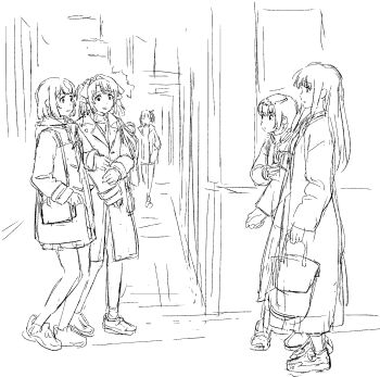 6+girls bag coat greyscale gujou_kanade handbag highres holding holding_bag kamiina_botan kamiina_botan_yoeru_sugata_wa_yuri_no_hana kitamori_yaeka long_hair monochrome multiple_girls nazo_no_anime-dan outdoors shoes short_hair tonami_ibuki two_side_up walking yusa_akane zhang_jinglan
