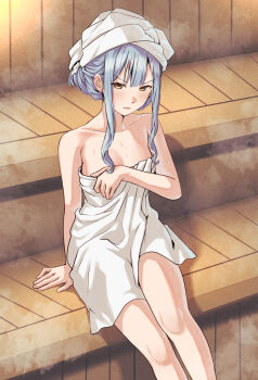 1girl bang_dream! bang_dream!_it's_mygo!!!!! bare_shoulders blue_hair blush closed_mouth collarbone commentary hair_bun highres korean_commentary looking_at_viewer naked_towel ptal sauna short_hair_with_long_locks single_hair_bun sitting solo steam sweat togawa_sakiko towel yellow_eyes