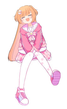 1girl absurdres asymmetrical_legwear ayamenma blush_stickers bow bowtie closed_eyes drawstring egg_hair_ornament food-themed_hair_ornament frilled_jacket frilled_sailor_collar frills full_body gem hair_ornament hair_ribbon highres hood hooded_jacket invisible_chair jacket kirara_tamako kirara_tamako_(2nd_costume) long_hair long_sleeves mismatched_legwear nijisanji open_clothes open_jacket open_mouth orange_eyes orange_hair petticoat pink_bow pink_bowtie pink_jacket pink_shoes pink_skirt plaid_clothes plaid_skirt pleated_skirt polka_dot polka_dot_thighhighs puffy_long_sleeves puffy_sleeves ribbon sailor_collar shirt shoe_soles shoes simple_background sitting skirt sleeves_past_wrists smile solo striped_bow striped_bowtie striped_clothes thighhighs two-sided_fabric two-sided_jacket two_side_up virtual_youtuber white_background white_ribbon white_sailor_collar white_shirt white_thighhighs yellow_gemstone