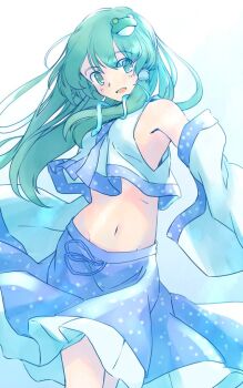 1girl armpits bare_shoulders blue_skirt blush commentary_request detached_sleeves feet_out_of_frame frog_hair_ornament green_eyes green_hair groin hair_ornament hair_tubes kochiya_sanae long_hair navel no_bra one-hour_drawing_challenge open_mouth petticoat rangycrow shirt single_hair_tube single_sidelock skirt smile snake_hair_ornament solo stomach touhou twisted_torso white_background white_shirt