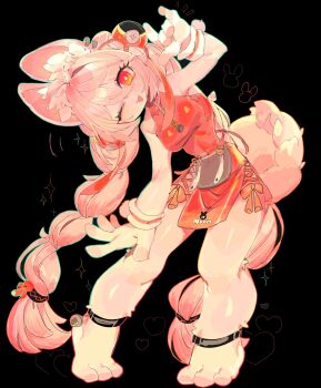 1girl \m/ alternate_costume animal_ear_fluff animal_ear_piercing animal_ears animal_feet animal_print anklet arm_up bare_shoulders black_background blush braid braided_twintails breasts bright_pupils china_dress chinese_clothes commentary_request dress full_body furry furry_female highres jewelry leaning_to_the_side long_hair looking_at_viewer medium_breasts motion_lines one_eye_closed open_mouth pelvic_curtain pink_fur pink_hair rabbit_ears rabbit_girl rabbit_print rabbit_tail red_dress red_eyes screw short_eyebrows solo tail thick_eyebrows usa37107692 white_pupils wristband zenless_zone_zero zhao_(zenless_zone_zero)
