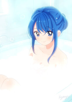 Rule 34 | 1girl, bathroom, bathtub, blue eyes, blue hair, breasts, cleavage, closed mouth, collarbone, hair between eyes, hirogaru sky! precure, indoors, kyanos (b 0000ff), nude, partially submerged, precure, sidelocks, signature, small breasts, smile, soap, solo, sora harewataru