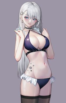 10_plus 1girl absurdres bikini blue_eyes breasts character_name cleavage collarbone commentary commission cowboy_shot earrings frilled_bikini frills grey_background groin hair_ornament hands_up highres jewelry large_breasts long_hair making-of_available nail_polish navel o-ring o-ring_bikini o-ring_top original parted_lips purple_bikini simple_background skeb_commission smile solo stomach swept_bangs swimsuit tattoo teeth white_hair x_hair_ornament yellow_nails