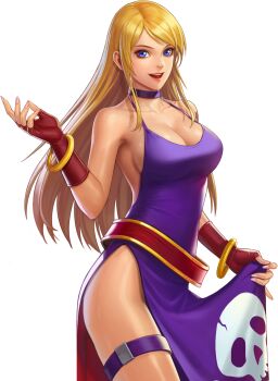 Rule 34 | 1girl, b. jenet, b.jenet, backless dress, backless outfit, badly tagged upload, belt, blonde hair, blue eyes, bracelet, breasts, choker, cleavage, collarbone, curvy, dress, fatal fury, female focus, fingerless gloves, garou: mark of the wolves, gloves, gold bracelet, hand up, highres, jewelry, large breasts, long hair, looking at viewer, official art, open mouth, pale skin, pirate, purple dress, skirt, smile, smiley face, snk, standing, the king of fighters, the king of fighters all-stars, thick thighs, thigh strap, thighs, wide hips