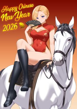 Rule 34 | 1girl, 2026, absurdres, alternate costume, azur lane, bare legs, black boots, blonde hair, blue eyes, boots, breasts, china dress, chinese clothes, chinese new year, chinese zodiac, cleavage cutout, clothing cutout, commentary, crossed legs, dress, earrings, english commentary, english text, folding fan, full body, gradient background, hand fan, highres, holding, holding fan, hood (azur lane), horse, jewelry, knee boots, long hair, medium breasts, parallelrey, red background, red dress, riding boots, ring, sitting, sitting on animal, solo, wedding ring, white background, year of the horse