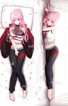 1girl bare_arms barefoot between_legs black_choker black_jacket black_pants breasts choker crop_top dakimakura_(medium) feet fishnet_top fishnets from_above from_side full_body halter_shirt halterneck hand_between_legs highres hololive hololive_english jacket jewelry large_breasts long_hair looking_at_viewer lying midriff mori_calliope mori_calliope_(streetwear) multicolored_jacket multiple_views nail_polish navel necklace official_alternate_costume on_back on_bed on_side pants petals pink_eyes pink_hair pink_petals ponytail red_jacket red_nails see-through_cleavage see-through_clothes skull_and_crossbones skull_print smile solaris_(sinhyg) sweatpants tank_top toenail_polish toenails toes two-tone_jacket virtual_youtuber white_tank_top