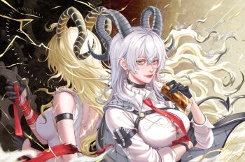 2girls alientomoe arm_under_breasts back-to-back back_tattoo black_background black_gloves black_horns blonde_hair breasts button_gap can chest_harness curled_horns drink_can dual_persona earrings floating_hair gears gloves gradient_background hands_up harness highres holding holding_can horns jewelry key_earrings large_breasts lightning long_hair multiple_girls necktie red_eyes red_lips red_necktie shirt sleeveless sleeveless_shirt tacet_mark_(wuthering_waves) tattoo white_hair white_shirt wuthering_waves yellow_background zani_(wuthering_waves)