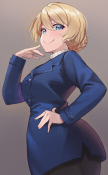 1girl alternate_costume black_pantyhose blonde_hair blue_coat blue_eyes braid closed_mouth coat coat_dress darjeeling_(girls_und_panzer) double-parted_bangs dress girls_und_panzer grey_background hair_between_eyes hand_on_own_hip highres kimi_tsuru light_blush long_sleeves looking_at_viewer nape_braid pantyhose short_hair smile smug solo turtleneck twisted_torso wide_hips