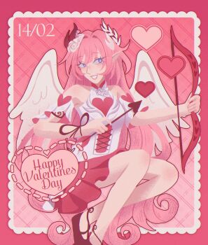 Rule 34 | 1girl, angel wings, arrow (projectile), bow (weapon), breasts, commentary, commentary request, cupid, cyrene (demiurge) (honkai: star rail), cyrene (honkai: star rail), dated, diamond-shaped pupils, diamond (shape), english commentary, flower, flowerdr3amer, hair flower, hair ornament, happy valentine, heart, highres, holding, holding arrow, holding bow (weapon), holding weapon, honkai: star rail, honkai (series), long hair, medium breasts, pink hair, pink skirt, pointy ears, purple eyes, shirt, skirt, smile, solo, symbol-shaped pupils, very long hair, weapon, white shirt, white wings, wings