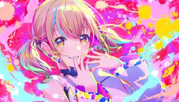 1girl azusawa_kohane blonde_hair colorful_palette earrings game_cg grin hair_between_eyes hello_good_day!_(project_sekai) highres jewelry looking_at_viewer medium_hair official_alternate_costume official_art project_sekai shirt sleeves_past_wrists smile solo splatter teeth third-party_source twintails white_shirt yellow_eyes