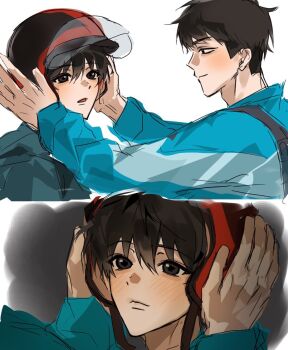 Rule 34 | 0529ux, 2boys, ahn su-ho, arms up, black eyes, black hair, blue jacket, blush, commentary request, hands on another's head, hands up, helmet, hood, hood down, hoodie, jacket, korean commentary, looking at another, looking up, motorcycle helmet, multiple boys, open mouth, short hair, simple background, smile, weak hero, white background, yaoi, yeon si-eun