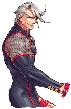 Rule 34 | 1boy, absurdres, black bodysuit, black eyes, blonde hair, bodysuit, buttons, detached sleeves, edaki shin'ya, evil grin, evil smile, from side, game cg, grin, high collar, highres, justice gakuen, kirishima kurow, male focus, mesh, moero! justice gakuen, muscular, muscular male, non-web source, official art, outline, red outline, short hair, simple background, sleeveless, smile, solo, teeth, veins, veiny arms, white background