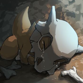 absurdres bone cave_interior closed_eyes crying cubone gen_1_pokemon highres lying nintendo no_humans pokemon pokemon_(creature) solo spicyichizo
