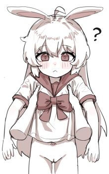 1girl ? ahoge animal_ears armpit_carry bad_id bad_pixiv_id blush bottomless bow bowtie disembodied_hand highres kosobin lifting_person long_hair original pov pussy rabbit_girl sailor_collar school_uniform serafuku sidelocks white_background