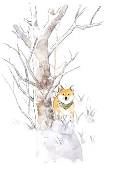 absurdres animal bandana bare_tree commentary_request dog green_bandana highres looking_at_viewer no_humans original shiba_inu simple_background tree white_background yako_sketch