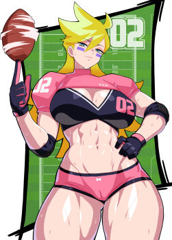 1girl absurdres alternate_muscle_size american_football_uniform black_gloves blonde_hair breasts crop_top cropped_legs elbow_pads f.b.w gloves highres large_breasts long_hair looking_at_viewer midriff muscular muscular_female panty_&amp;_stocking_with_garterbelt panty_(psg) pink_shorts seductive_gaze seductive_smile shorts smile solo sportswear standing sweat thick_thighs thighs toned