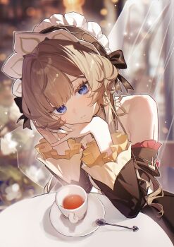 1girl absurdres bare_shoulders black_bow black_dress black_sleeves blue_eyes blurry blurry_background blush bonnet bow brown_hair chinese_commentary chuyu_jiang_yi_dong_ye_budong closed_mouth commentary_request cup detached_sleeves dress frilled_sleeves frills genshin_impact hair_bow head_rest head_tilt highres looking_at_viewer own_hands_clasped own_hands_together sandrone_(genshin_impact) short_hair_with_long_locks solo tea teacup teaspoon white_headdress wide_sleeves