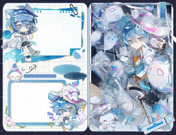 1boy :d animal_ear_fluff animal_ears arrow_(symbol) black_shorts blue_hair cat_boy cat_ears chibi closed_mouth crossed_bangs double-parted_bangs hair_between_eyes hair_ornament hairclip highres jacket long_sleeves male_focus multiple_views necktie open_clothes open_jacket open_mouth orange_necktie original parallel_hairclips senzhongxun shoes short_hair shorts sitting smile watermark white_jacket white_shoes