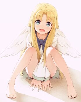 Rule 34 | 1girl, :d, asou (asabu202), bare legs, barefoot, between legs, blonde hair, blue bow, blue bowtie, blue eyes, bow, bowtie, collarbone, commentary request, dress, feathered wings, feet, female focus, filo (tate no yuusha no nariagari), frilled skirt, frilled sleeves, frills, hand between legs, highres, implied nopan, knees together feet apart, knees up, long hair, long sleeves, looking at viewer, m legs, open mouth, pov, shadow, simple background, sitting, skirt, smile, solo, spread legs, tate no yuusha no nariagari, toes, very long hair, white dress, white wings, wings