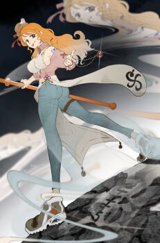 1girl absurdres alternate_costume ass bare_shoulders black_background blue_pants bracelet braid braided_sidelock breasts brown_eyes cardigan clima-tact closed_mouth commentary_request denim dust_cloud floating_hair from_behind from_side full_body glint gradient_background hat highres holding holding_staff jeans jewelry large_breasts long_hair long_sleeves looking_at_viewer looking_back mini_hat naemoto nami_(one_piece) one_piece orange_hair pants pink_cardigan ring shirt shoes shoulder_tattoo sideboob single_sidelock sleeveless sleeveless_shirt sneakers solo staff standing tattoo thigh_strap tongue tongue_out wavy_hair