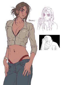 1girl alien_stage blue_pants breasts brown_hair brown_jacket cleavage commentary crop_top cropped_jacket dark-skinned_female dark_skin earrings english_commentary eyebrow_piercing eyewear_on_head face_piercing grey_eyes highres hoop_earrings hyuna_(alien_stage) jacket jewelry katsksiii long_sleeves navel navel_piercing panties pants panty_straps piercing red_panties signature solo stomach underwear