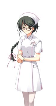 1girl bracelet braid chaos;head collared_dress dress game_cg glasses green_eyes green_hair hair_ornament hair_ribbon hairclip hat hazuki_shino_(chaos;head) holding_own_wrist jewelry long_braid long_hair looking_at_viewer matsuo_yukihiro narrowed_eyes no_eyewear non-web_source nurse nurse_cap official_art open_mouth pantyhose pink_ribbon pink_trim red-framed_eyewear ribbon science_adventure shiny_eyes short_sleeves solo sprite standing tongue transparent_background white_dress white_pantyhose worried