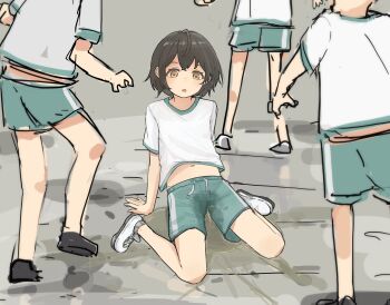 1girl 3others absurdres black_hair green_shorts gym_shirt gym_shorts gym_uniform highres loli midriff multiple_others navel on_floor open_mouth original pee pee_stain peeing peeing_self pixiv_104798521 public_indecency puddle shirt shoes short_hair shorts sitting standing wariza wet wet_clothes wet_shorts white_shirt yellow_eyes