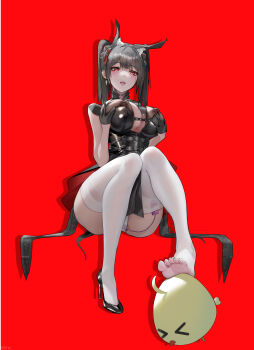 1girl absurdres baby_animal bird black_dress black_gloves black_hair black_shoes breasts character_request chick copyright_request dress full_body gloves grabbing_own_breast hands_up high_heels highres invisible_chair large_breasts looking_at_viewer mix_(mix233) nipple_piercing nipples no_bra open_mouth panties piercing red_background red_eyes see-through_clothes see-through_dress sex_toy shadow shoes short_dress short_sleeves single_shoe sitting solo stepped_on thick_thighs thighhighs thighs tongue tongue_out twintails underwear vibrator vibrator_in_thighhighs vibrator_under_clothes vibrator_under_panties white_panties white_thighhighs