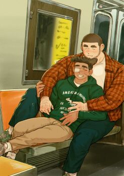 2boys absurdres animal_ears arm_hair bara beard blush brown_hair brown_pants buzz_cut chinstrap_beard closed_eyes couple denim dog_boy dog_ears eyebrow_cut eyepatch facial_hair feet_out_of_frame green_hoodie highres hood hoodie hug hug_from_behind inuyama_masato_(shan) jeans kumano_daigo_(shan) male_focus medical_eyepatch multiple_boys muscular muscular_male open_clothes open_shirt original pants plaid_clothes plaid_shirt shan_(shanshankuo) shirt shoes short_hair sideburns sitting size_difference smile sneakers subway thick_eyebrows thick_thighs thighs very_short_hair yaoi