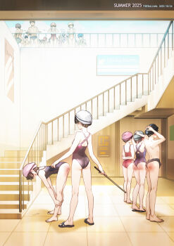 6+boys 6+girls absurdres arms_behind_back barefoot bent_over black_one-piece_swimsuit black_sandals blue_one-piece_swimsuit blue_sky closed_mouth cloud cloudy_sky crying day faceless faceless_female faceless_male fireball_666 hair_over_eyes highres indoors looking_at_another multiple_boys multiple_girls one-piece_swimsuit open_mouth original red_one-piece_swimsuit sandals short_hair sky spanked spanking stairs standing swim_cap swimsuit yellow_one-piece_swimsuit