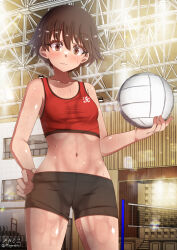 Rule 34 | 1girl, :3, bike shorts, black shorts, blush, breasts, brown eyes, brown hair, closed mouth, girls und panzer, isobe noriko, looking at viewer, megadeko, midriff, navel, red tank top, short hair, shorts, small breasts, smile, solo, sweat, tank top, volleyball